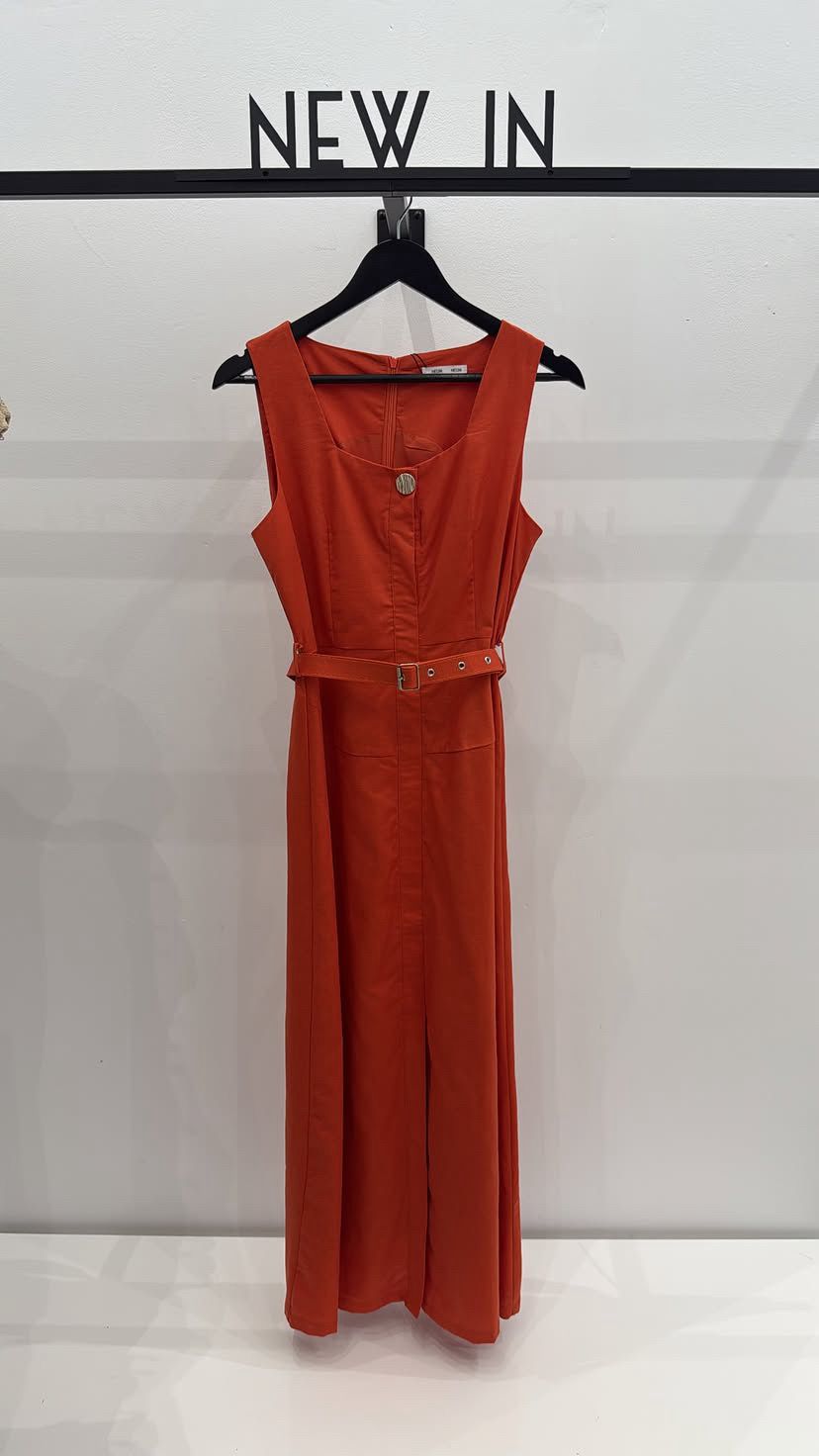 Vestido largo teja con cinturón